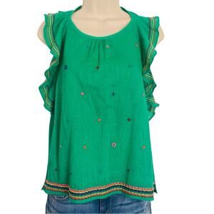 NWT Rocks & Indigo Green Halter Top Fiesta Embroidery Ruffle Trim Tie Neck